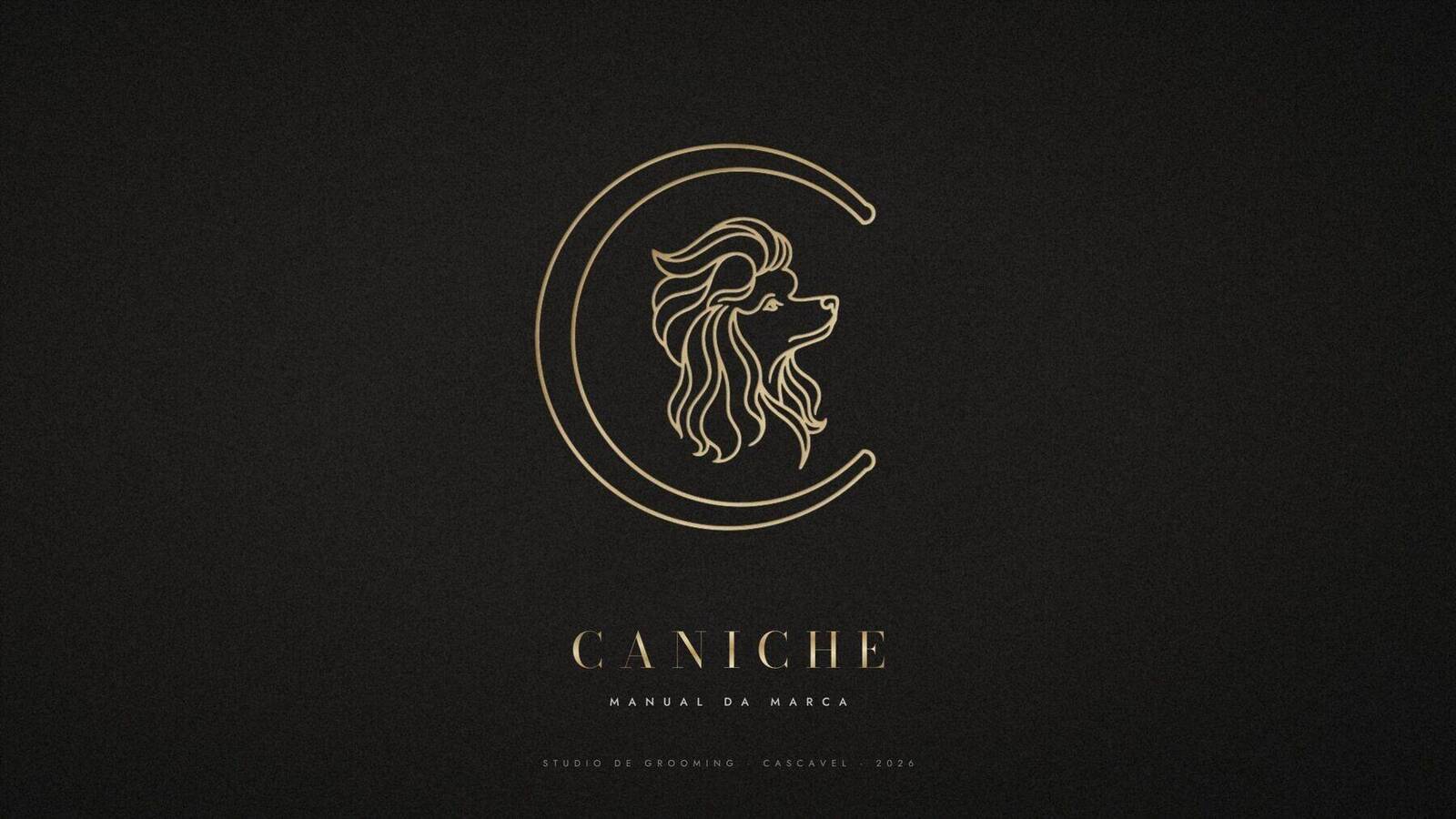 Capa do manual da marca Caniche: monograma C com cabeça de poodle em champagne sobre preto