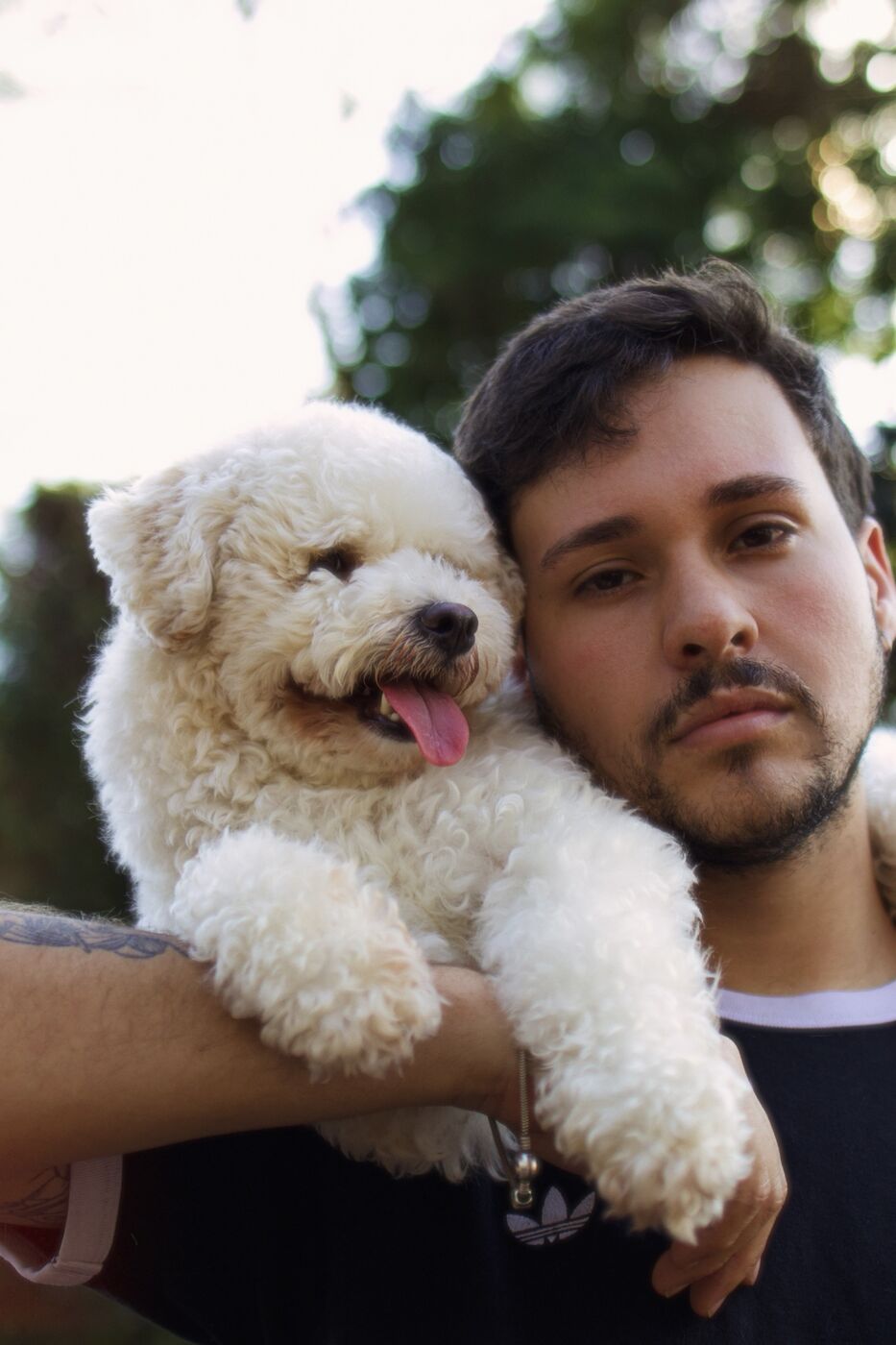 Homem e poodle de rosto colado